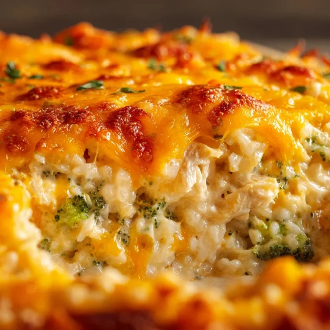 Delicious Chicken Broccoli Casserole served in a baking dish with melted cheese