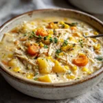 Bowl of creamy Chicken Corn Chowder with chicken, corn, and herbs