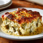 Delicious Chile Relleno Casserole topped with cheese and peppers.