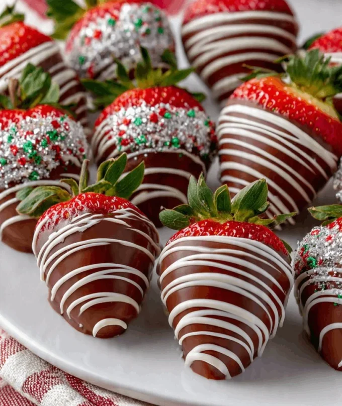 Festively decorated chocolate covered strawberries for Christmas celebrations