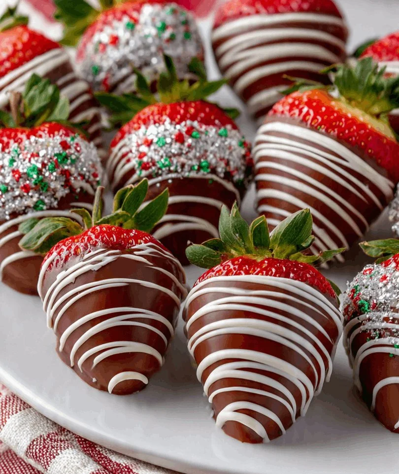 Festively decorated chocolate covered strawberries for Christmas celebrations