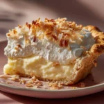 Slice of homemade Coconut Cream Pie with whipped cream topping
