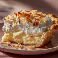 Slice of homemade Coconut Cream Pie with whipped cream topping