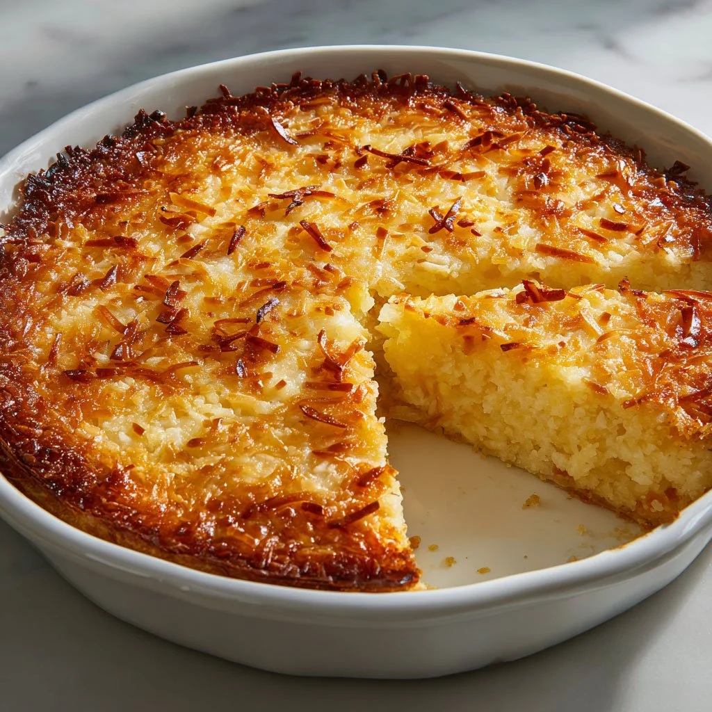 Homemade coconut pie with a golden crust and shredded coconut topping