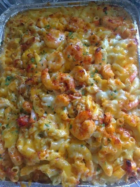 Delicious Crab and Shrimp Macaroni Bake in a creamy cheese sauce