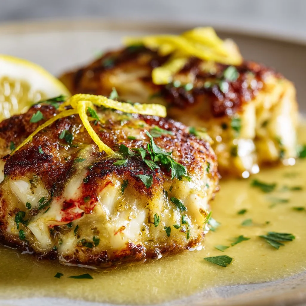 Delicious homemade crab cakes served with tangy sauce and garnished with herbs.