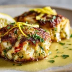 Delicious homemade crab cakes served with lemon and herbs