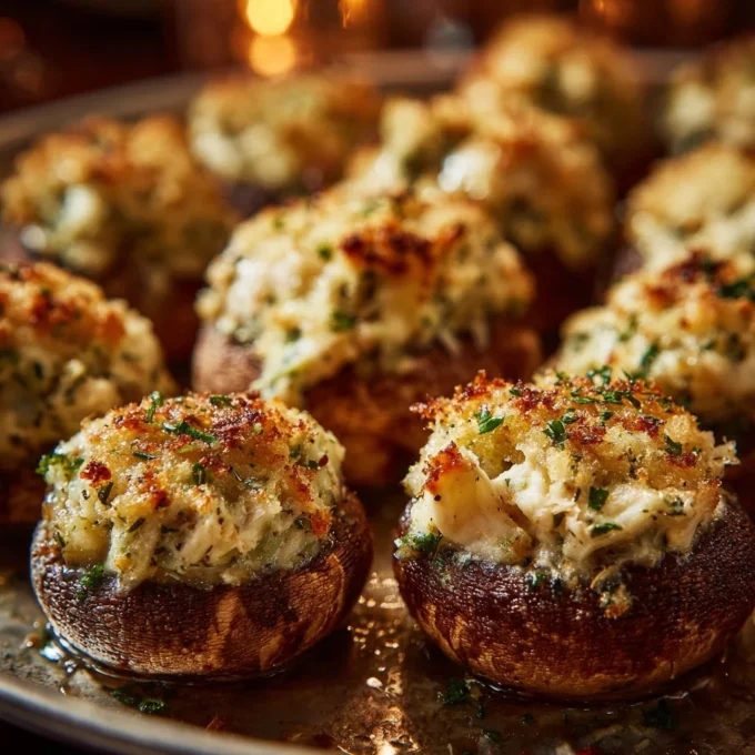 Delicious Crab Stuffed Mushrooms served on a platter