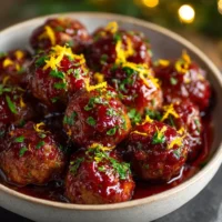 Plate of homemade cranberry meatballs garnished with fresh herbs