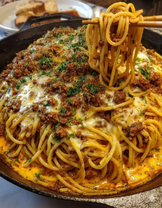 Creamy Cajun Beef Spaghetti topped with triple cheese parmesan sauce