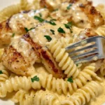 Creamy garlic butter chicken with rotini in parmesan sauce, garnished and ready to serve.
