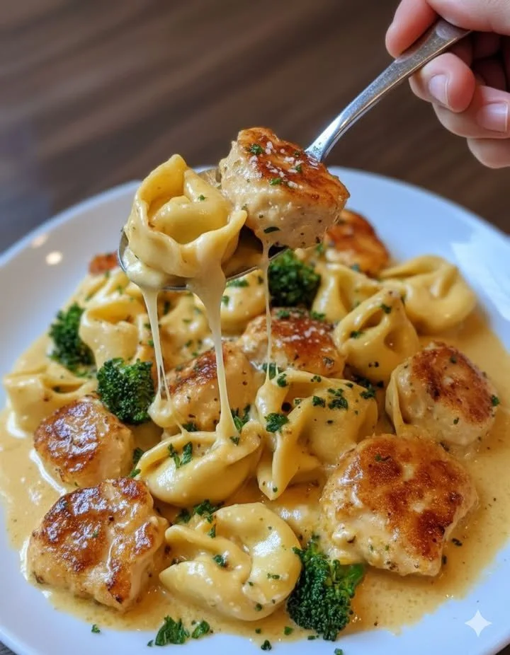 Creamy garlic parmesan tortellini dish with chicken and broccoli served in a bowl.