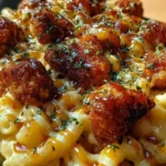 Creamy honey pepper chicken mac and cheese topped with herbs and spices