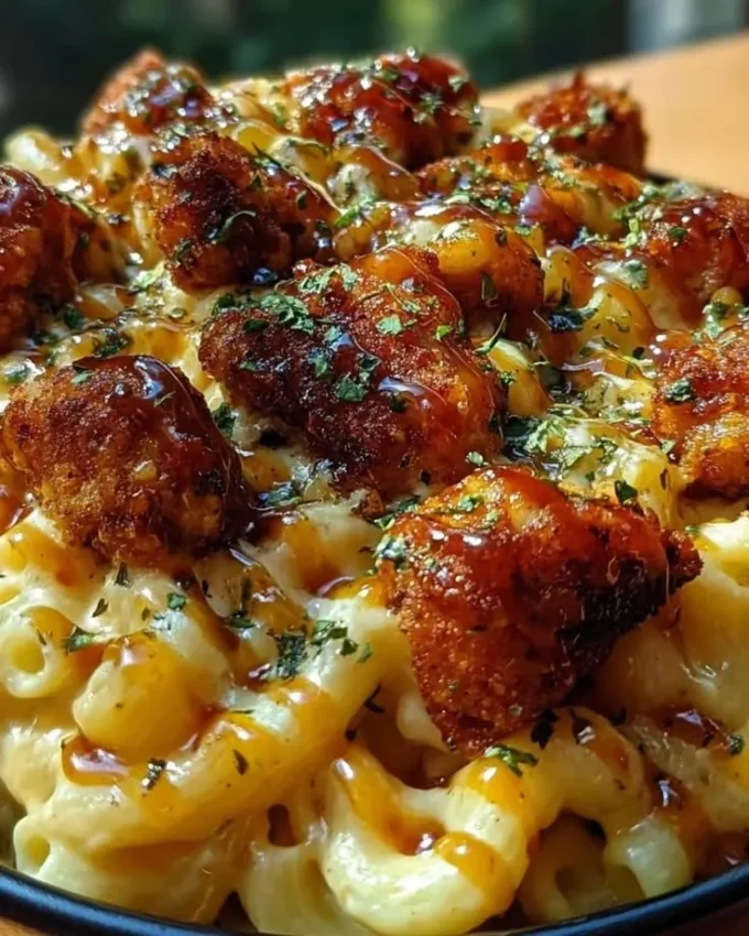 Creamy honey pepper chicken mac and cheese topped with herbs and spices
