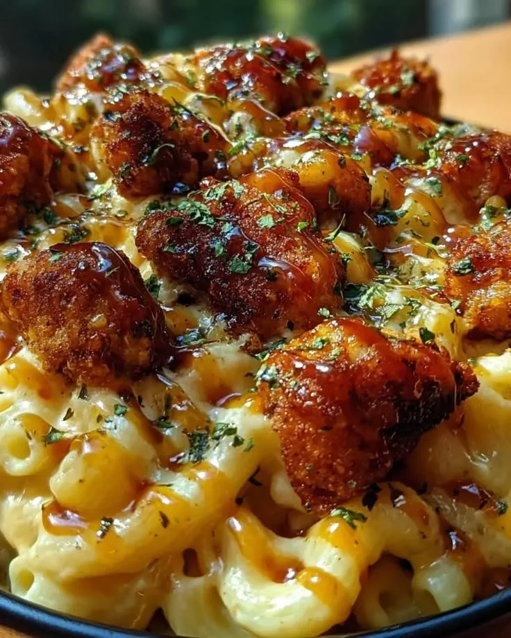 Creamy honey pepper chicken mac and cheese topped with herbs and spices