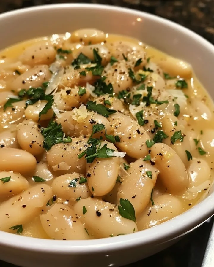 Creamy lemon-parmesan white beans served in a bowl