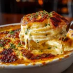 Creamy potato bake topped with cheese and herbs, baked to perfection.