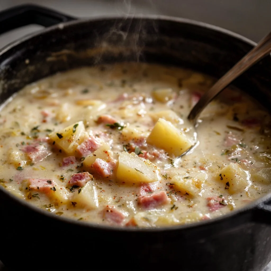 Bowl of creamy potato soup garnished with herbs and served with bread.