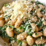 Creamy white beans with spinach and Parmesan served in a bowl.