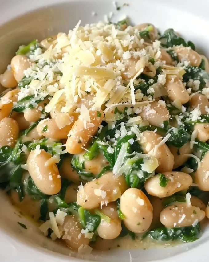 Creamy white beans with spinach and Parmesan served in a bowl.