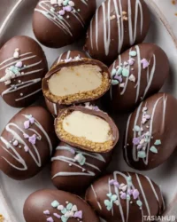 Delicious homemade Easter Egg Cheesecake topped with chocolate eggs and pastel decorations.