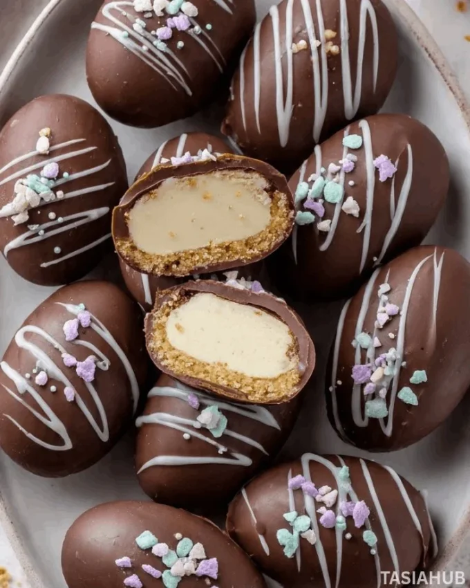 Delicious homemade Easter Egg Cheesecake topped with chocolate eggs and pastel decorations.