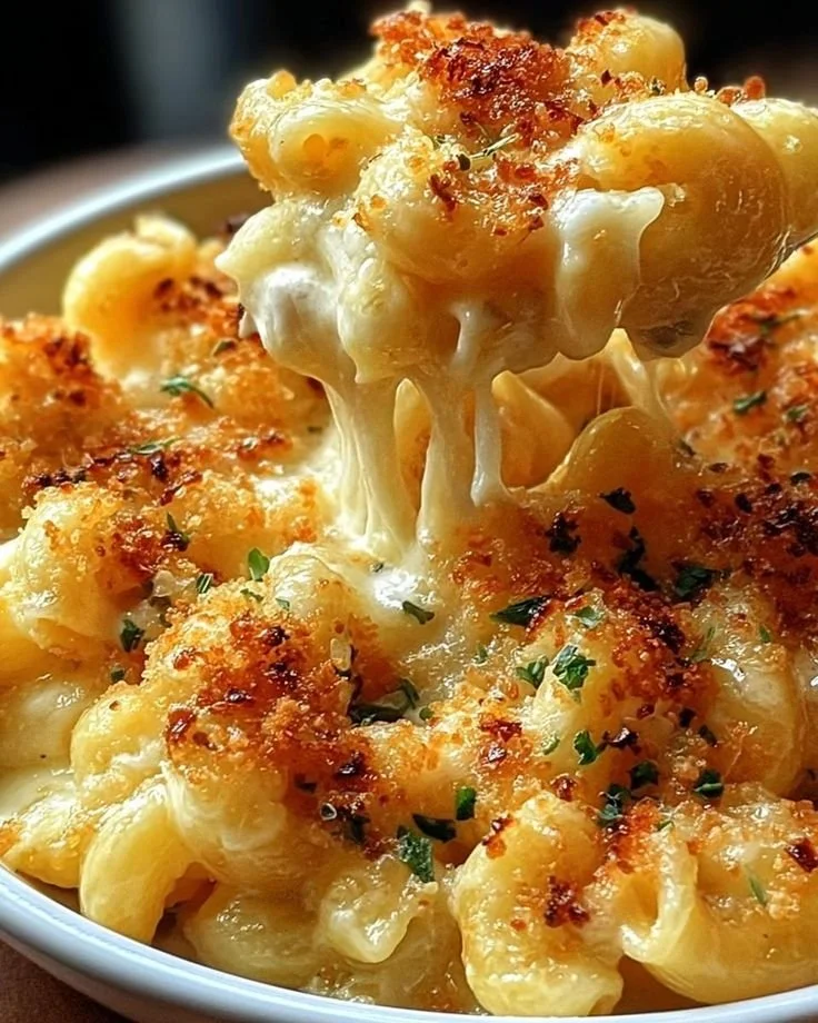 Elevated macaroni and cheese dish with gourmet toppings
