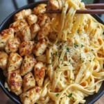 Garlic Butter Chicken Bites with Creamy Parmesan Fettuccine in a serving bowl