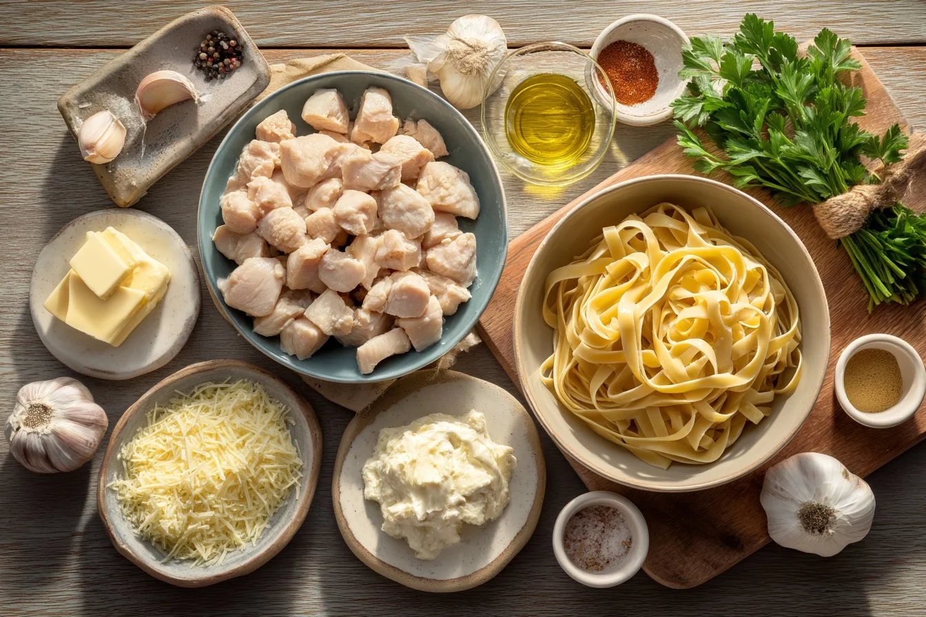 Garlic Butter Chicken Bites with Creamy Parmesan Fettuccine