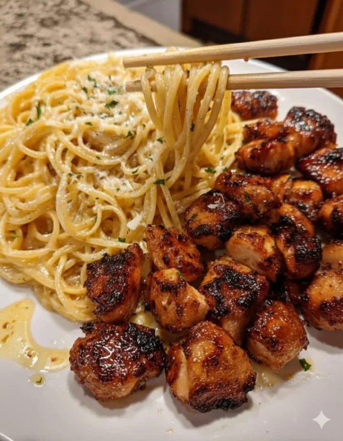 Garlic Butter Chicken Bites served with creamy Parmesan spaghetti on a plate