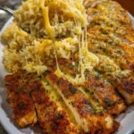 Plate of golden Garlic Parmesan Chicken with creamy Cajun butter rice