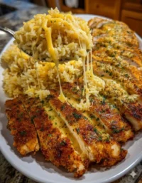 Plate of golden Garlic Parmesan Chicken with creamy Cajun butter rice