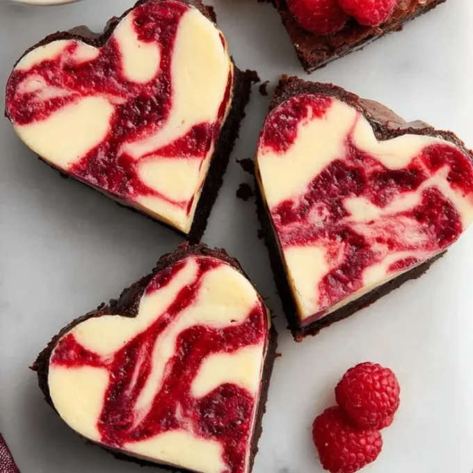 Heart-shaped brownies with cheesecake and raspberry swirl dessert