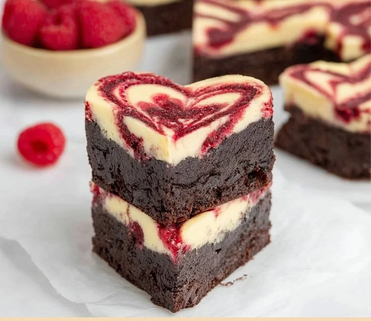 Heart-shaped chocolate cheesecake brownies with a creamy layer and rich chocolate base.