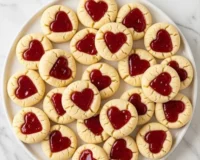 Plate of freshly baked heart-shaped cookies decorated with icing