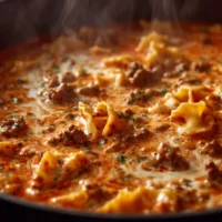 A hearty bowl of Lasagna Soup topped with cheese and herbs.