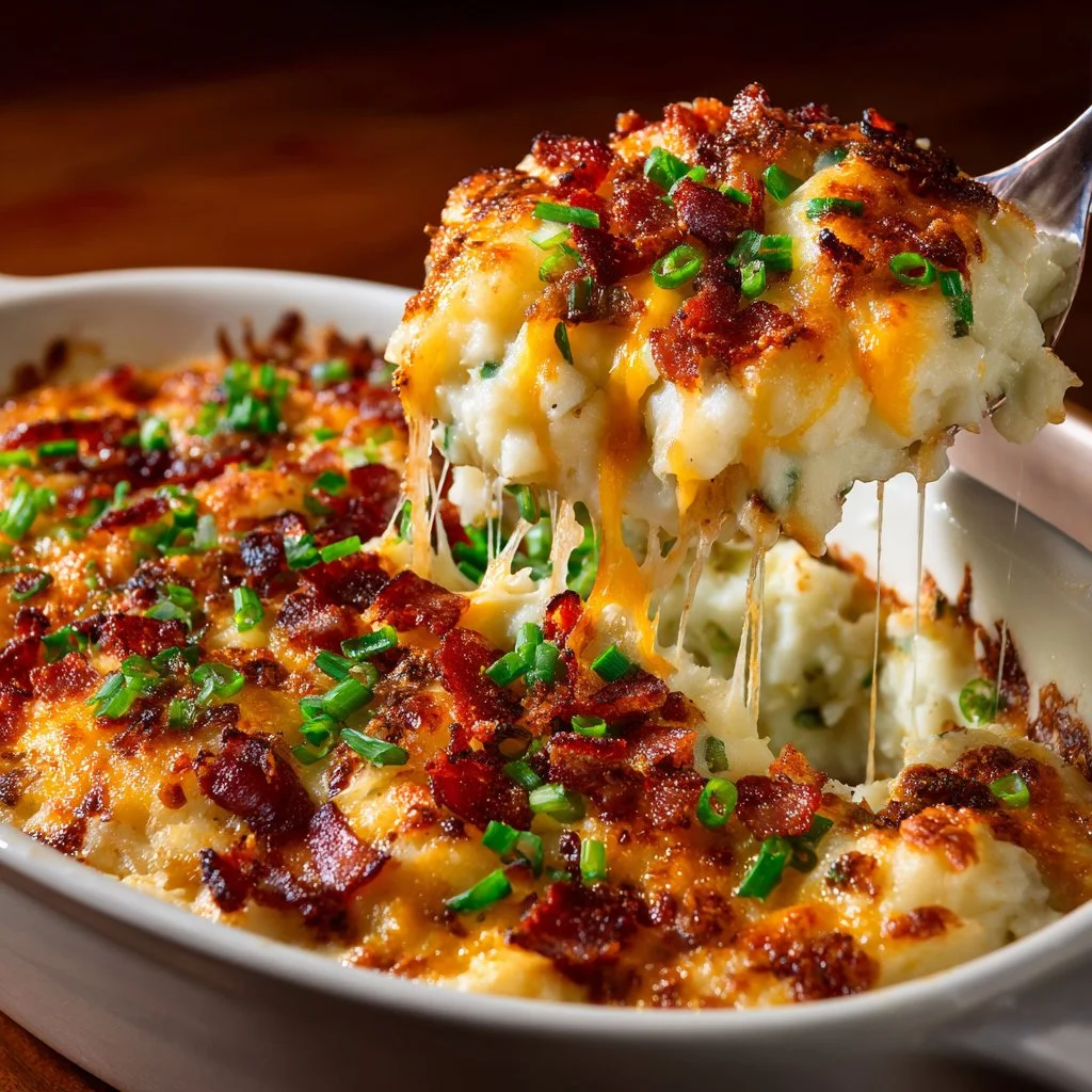 Delicious loaded baked potato casserole topped with cheese and bacon.
