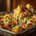 Loaded baked potato chicken casserole topped with cheese and bacon