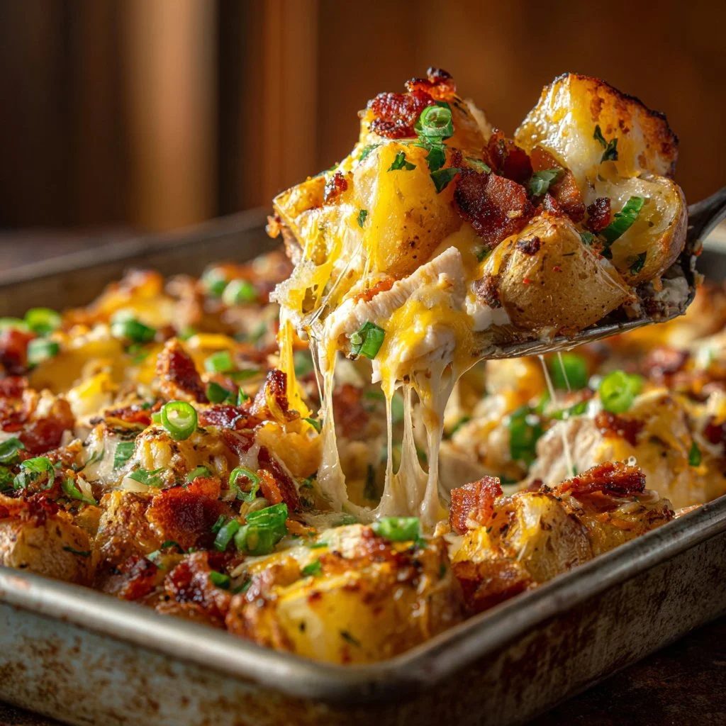 Loaded baked potato chicken casserole topped with cheese and bacon