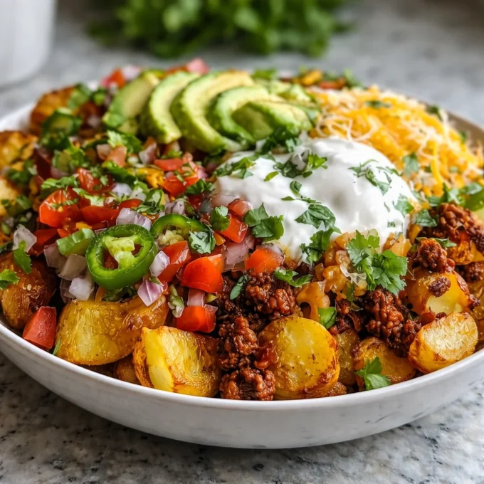 Delicious loaded potato taco bowl topped with fresh ingredients