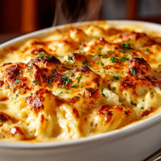 Creamy macaroni and cheese served in a bowl with melted cheese on top.