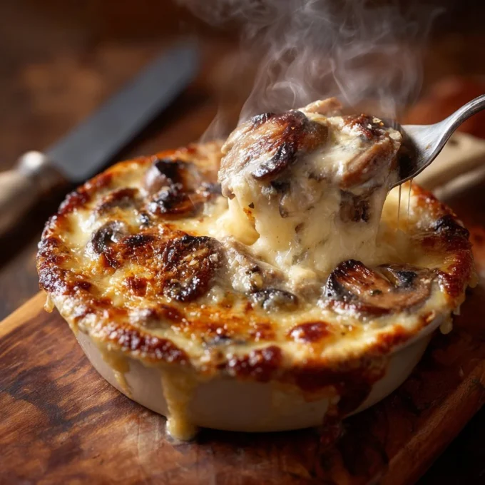 Delicious mushroom gratin with creamy sauce and golden topping