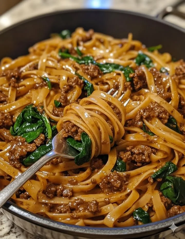 One-Pot Beef and Garlic Parmesan Spinach Pasta prepared in a skillet