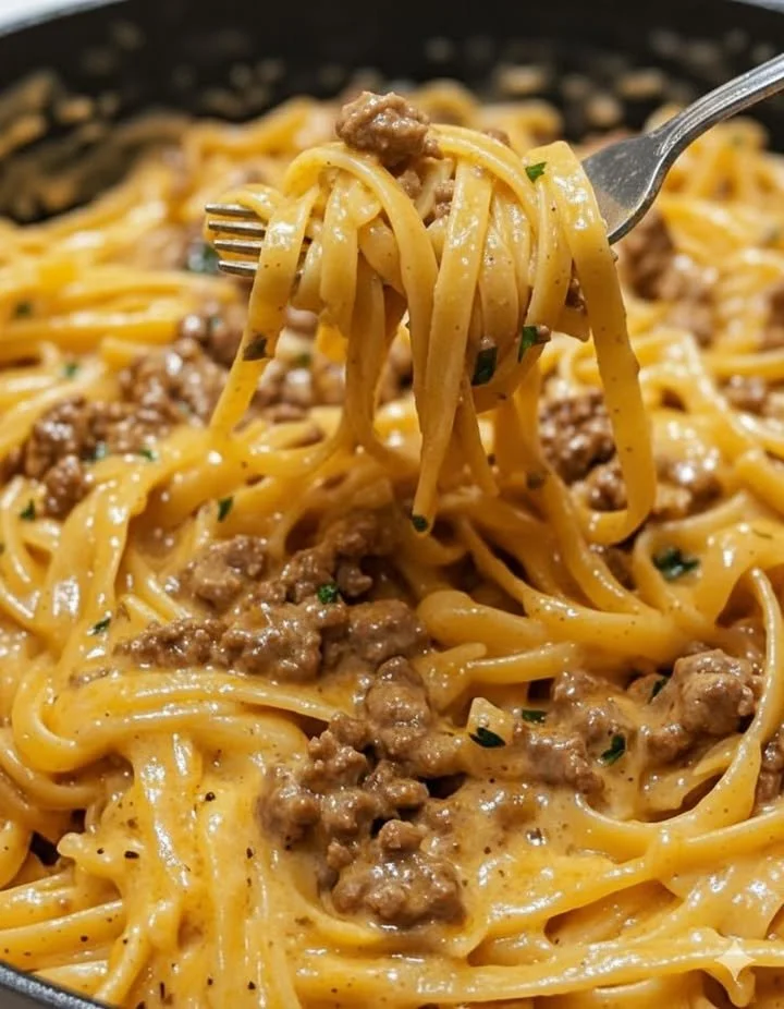 Delicious one-pot creamy beef pasta with garlic butter