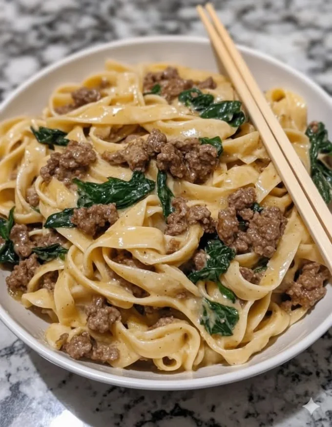 One-Pot Creamy Beef and Spinach Alfredo served in a bowl with fresh spinach