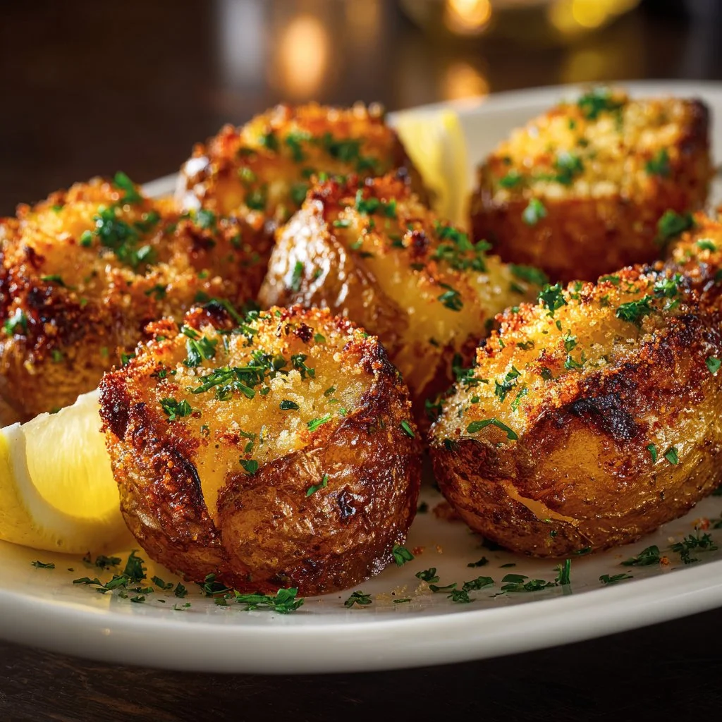 Plate of Parmesan Crusted Roasted Potatoes garnished with herbs.