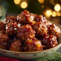 Cooked Peach Bourbon Meatballs served on a platter with a bourbon glaze