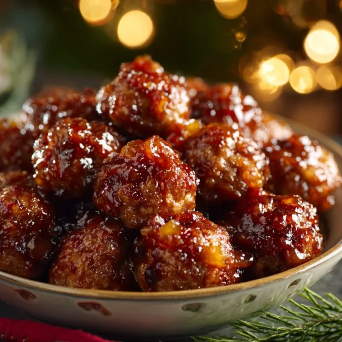 Delicious Peach Bourbon Meatballs served with a glaze and garnished
