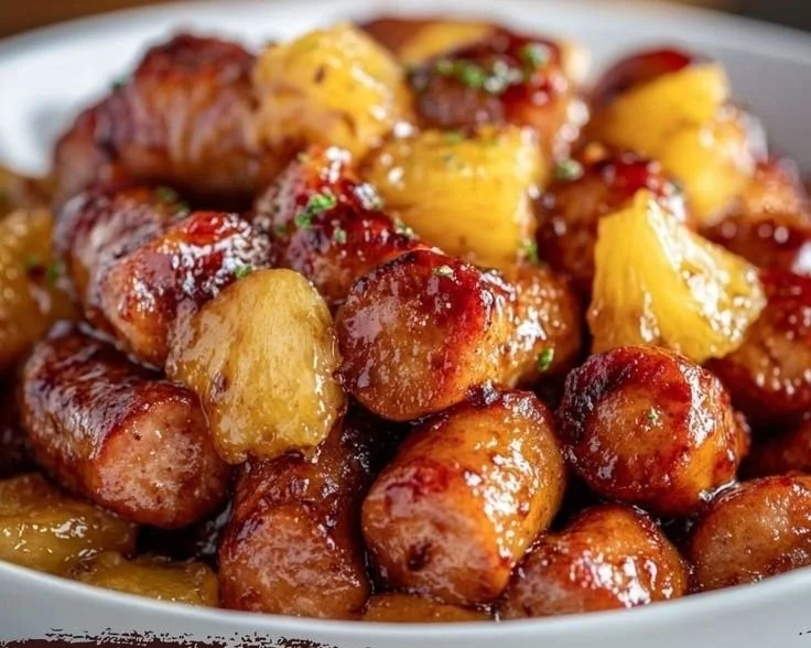 Pineapple Bites with Lil Smokies appetizer on a serving platter