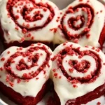 Red Velvet Cinnamon Roll Hearts topped with cream cheese icing on a plate.